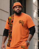Men's Plus Size Hermes Orange Creative Stripe African Figure Print T-Shirt Shorts Suit